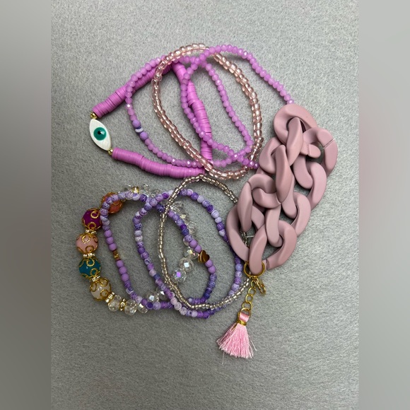 Flirty Boho Purple Bracelets Set of Nine - Trendy Fun Stacked Bracelets Set - Picture 9 of 11